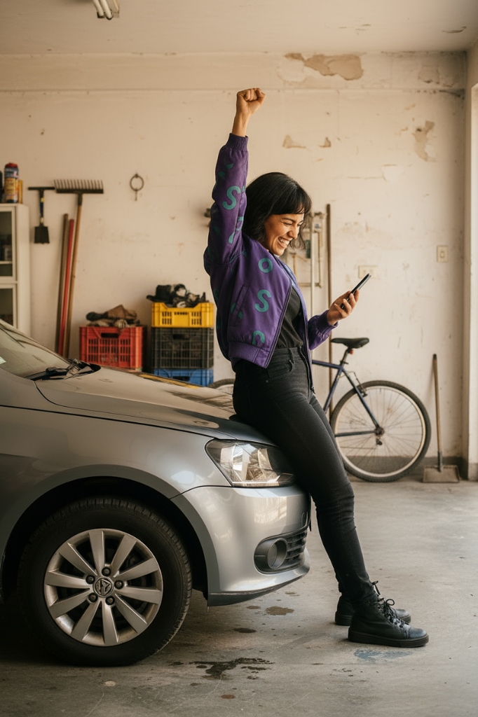 Mujer feliz vendiendo auto